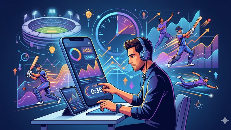 Современная иллюстрация с элементами крикета и графиками для руководства по ставкам в IPL 2026