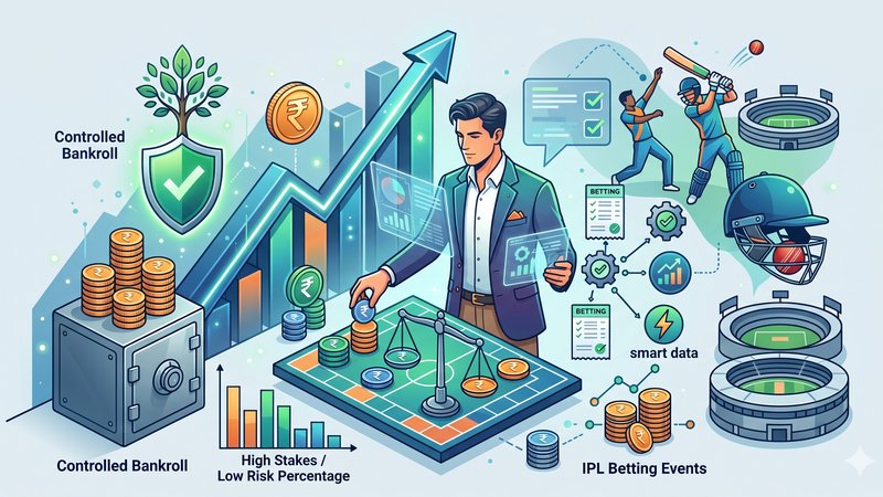 Современная иллюстрация с элементами крикета и финансов для статьи об управлении банкроллом в IPL